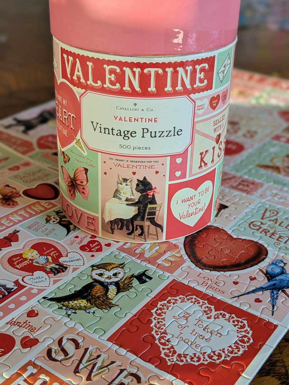 Cavallini & Co. Valentine Vintage 500 Piece Puzzle Container Canister Cats